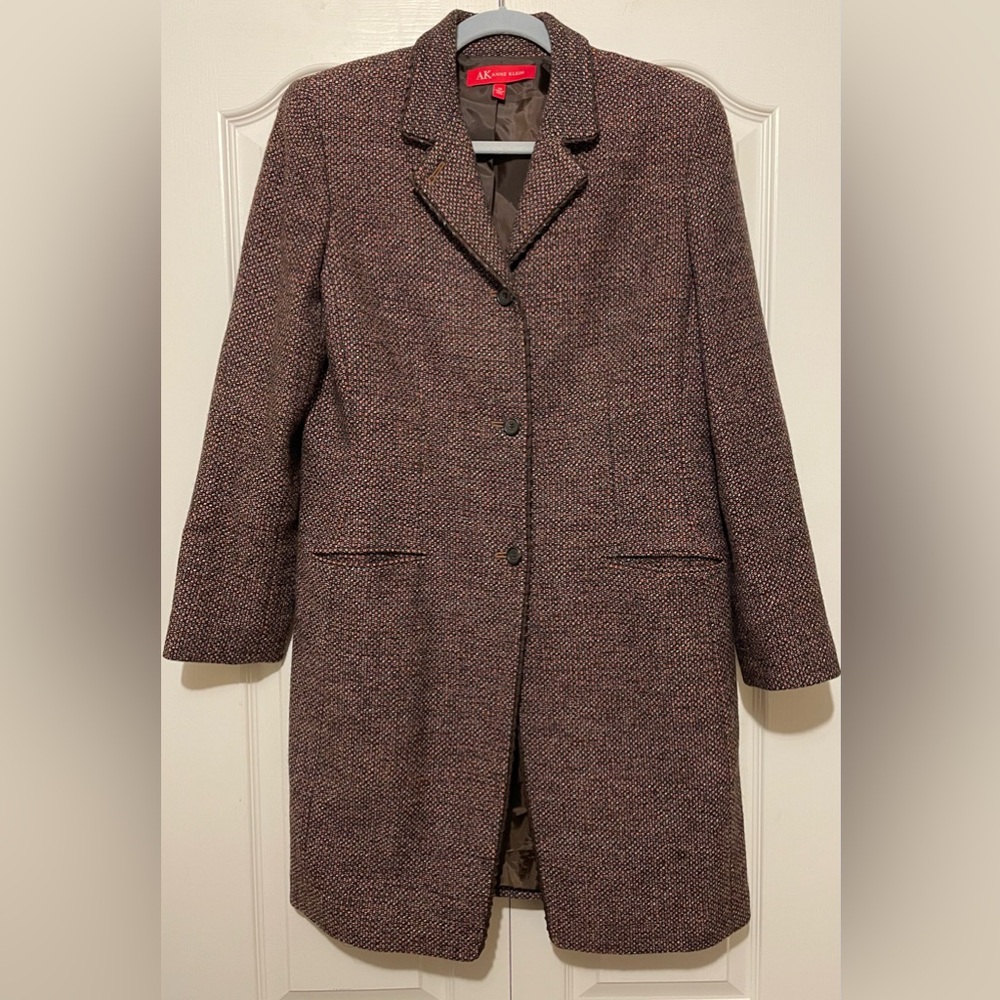 Anne Klein Black/Orange/Creme Wool Single-Breasted Long Coat with Leather Trim